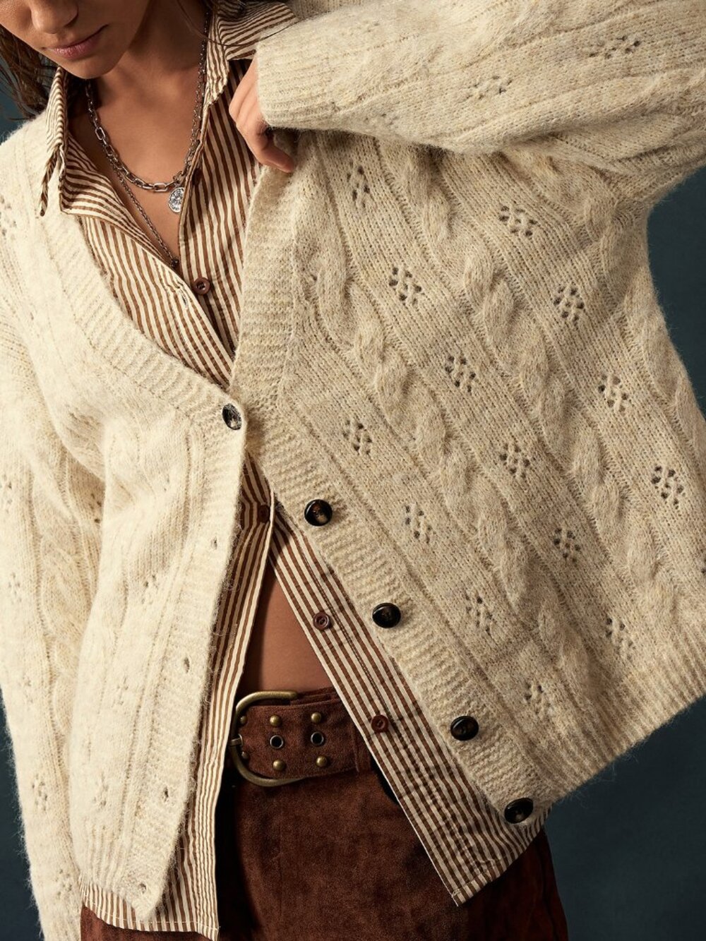 Apricot Casual Women's Hollow-Out Faux Hair Deep V-Neck Knit Cardigan